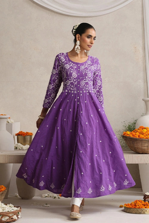 Shwet Hand Embroidered Chikankari Cotton Purple Kali Kurta