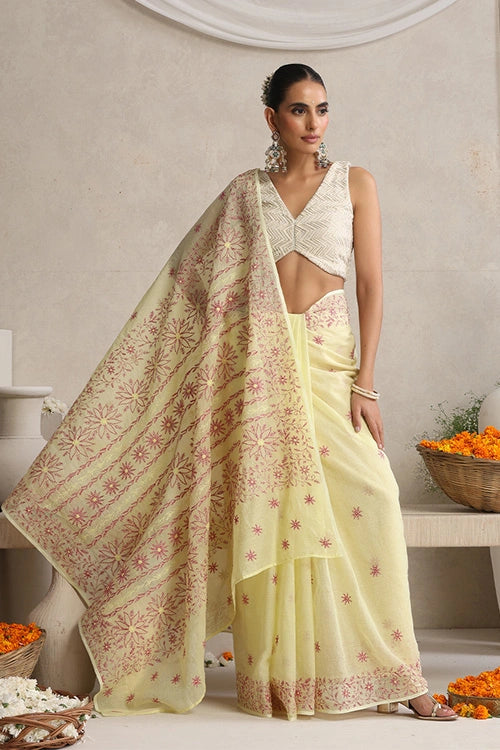 Shwet "Pastel Hues"  Yellow  Chikankari Kota Cotton Silk Saree