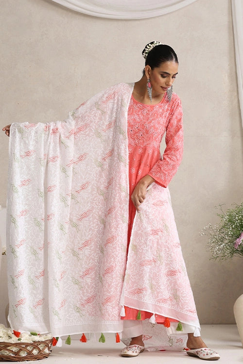 Shwet Hand Embroidered Chikankari White, Green & Orange Mulmul Dupatta