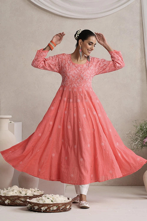 Shwet Hand Embroidered Chikankari Cotton Mukaish Embellished Salmon Pink Kali Kurta
