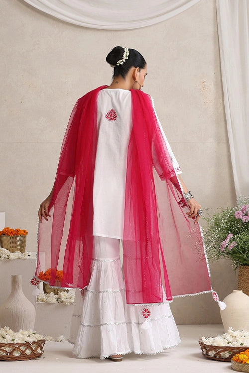 Shwet Hand Embroidered Chikankari Cotton Mukaish Embellished White & Magenta Kurta, Garara & Dupatta Set