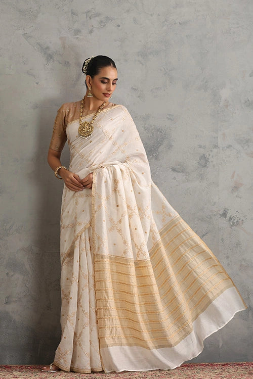 Shwet Women Hand Embroidered Chikankari Off-White Chanderi Saree