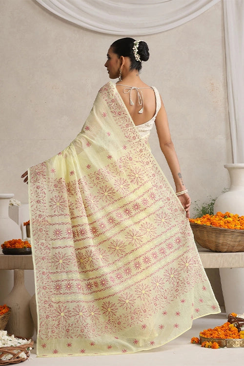 Shwet "Pastel Hues"  Yellow  Chikankari Kota Cotton Silk Saree
