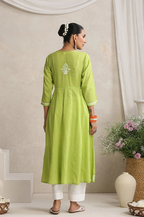 Shwet Hand Embroidered Chikankari Cotton Green Pintex Kali Kurta