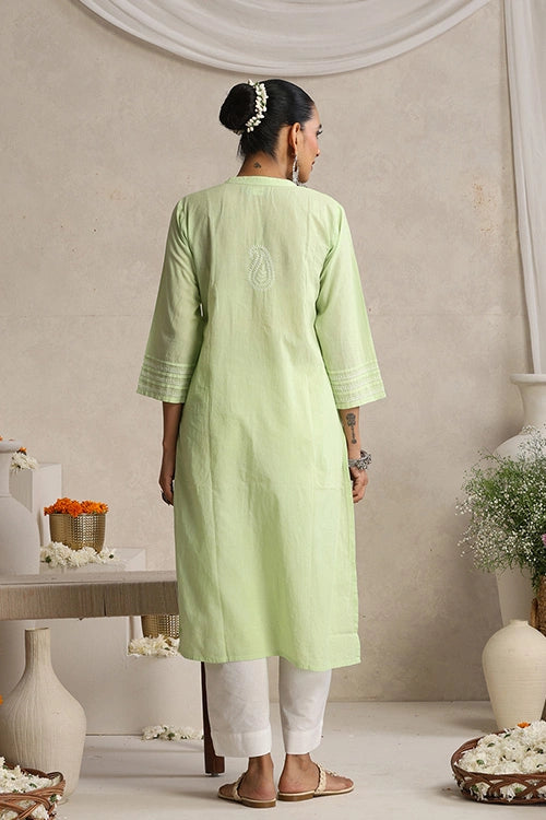Shwet Hand Embroidered Chikankari Cotton Green Pintex Kurta