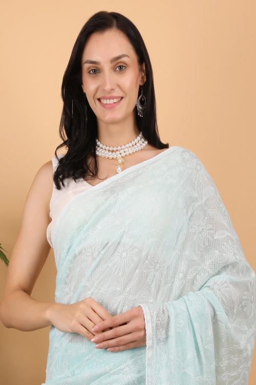 Shwet Women Hand Embroidered Sea Blue Kota Cotton Chikankari Saree