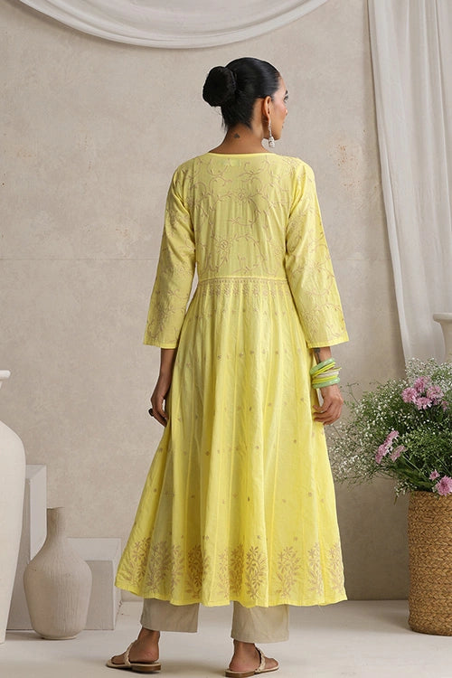 Shwet Hand Embroidered Chikankari Cotton Yellow Kali Kurta