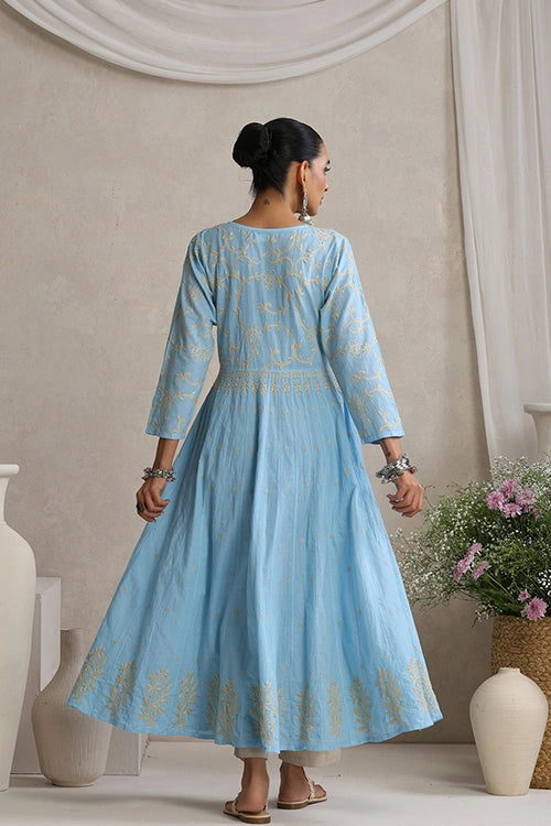 Shwet Hand Embroidered Chikankari Blue Cotton Kali Kurta