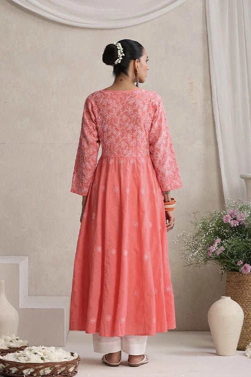 Shwet Hand Embroidered Chikankari Cotton Mukaish Embellished Salmon Pink Kali Kurta