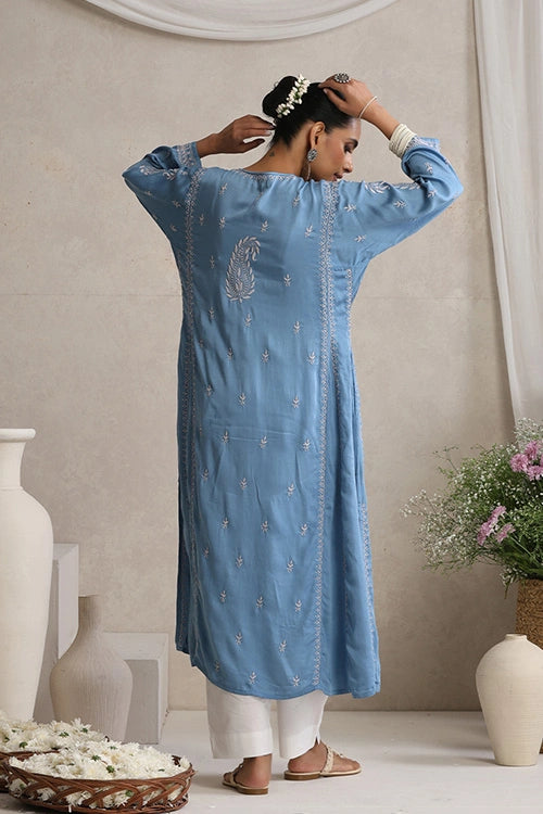 Shwet Hand Embroidered Chikankari Blue Modal Satin Kurta