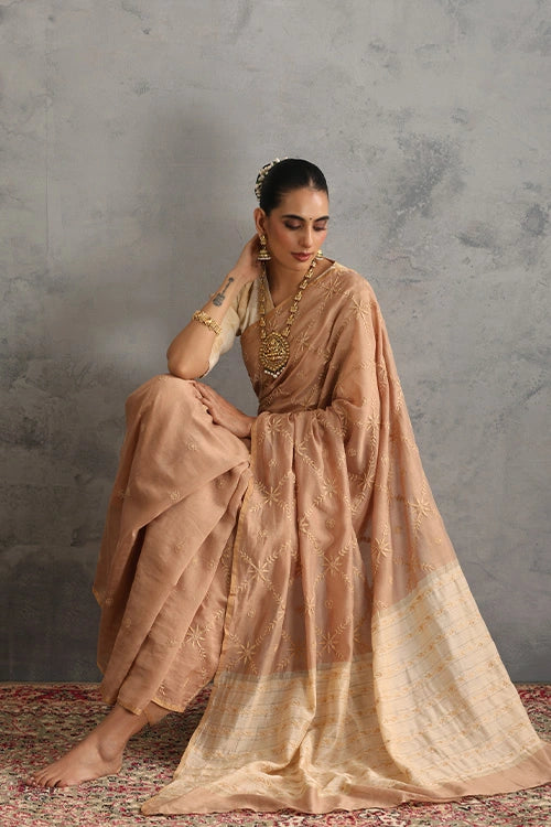 Shwet Women Hand Embroidered Chikankari Beige Chanderi Saree