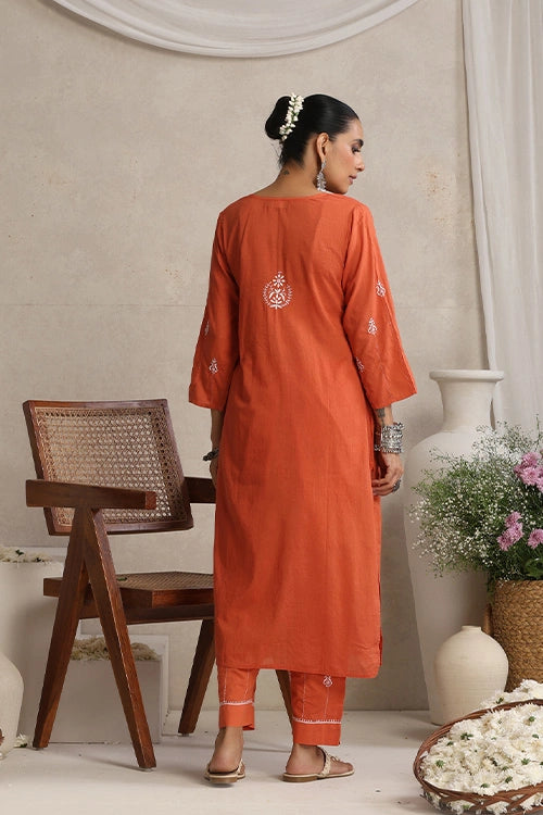 Shwet Hand Embroidered Chikankari Cotton Rust Kurta Pant Set
