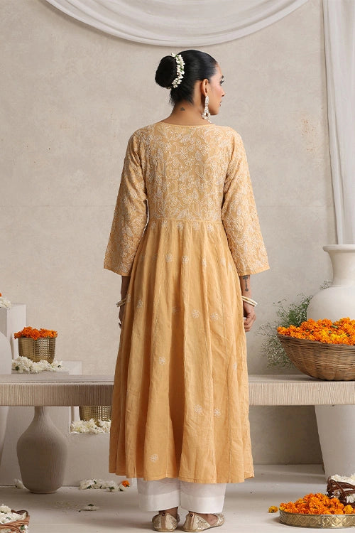 Shwet Hand Embroidered Chikankari Cotton Mukaish Embellished Beige Kali Kurta