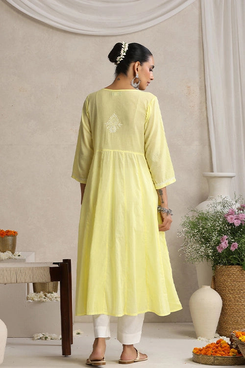 Shwet Hand Embroidered Chikankari Cotton Yellow Pintex Kali Kurta
