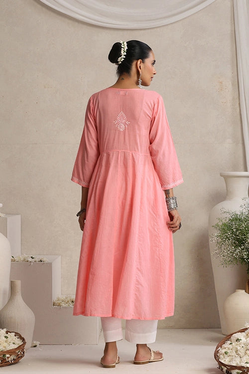 Shwet Hand Embroidered Chikankari Cotton Pink Pintex Kali Kurta