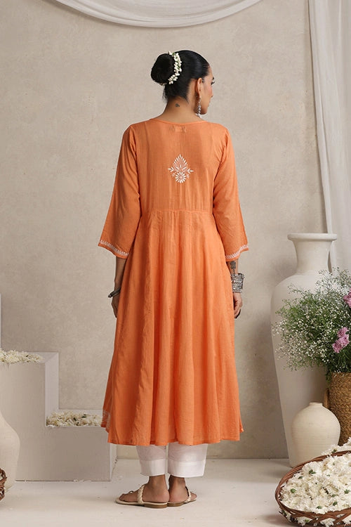 Shwet Hand Embroidered Chikankari Cotton Burnt Orange Pintex Kali Kurta