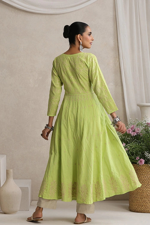 Shwet Hand Embroidered Chikankari Cotton Green Kali Kurta