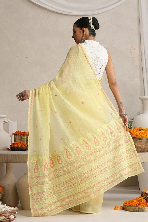 Shwet "Pastle Hues" Yellow Chikankari Kota Cotton Silk Saree 