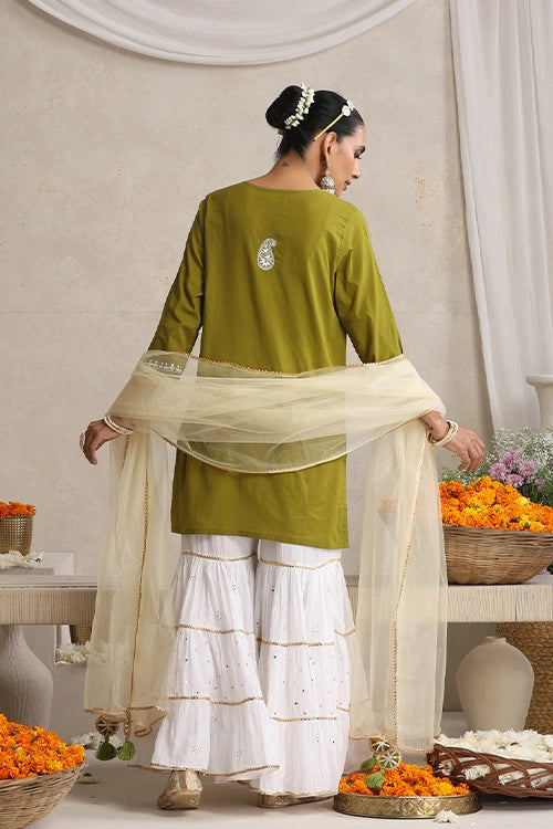 Shwet Hand Embroidered Chikankari Cotton Mukaish Embellished Green & White Kurta, Garara & Dupatta Set