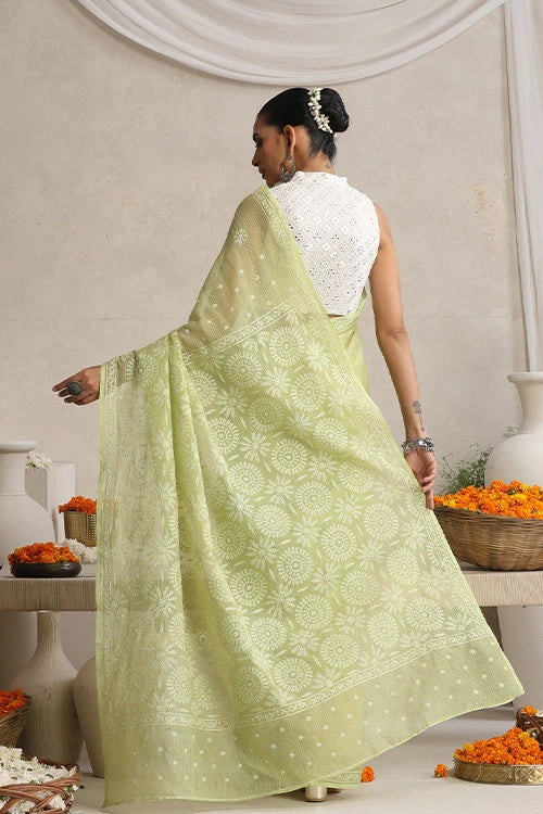 Shwet Women Hand Embroidered Light Green Kota Cotton Silk Chikankari Saree