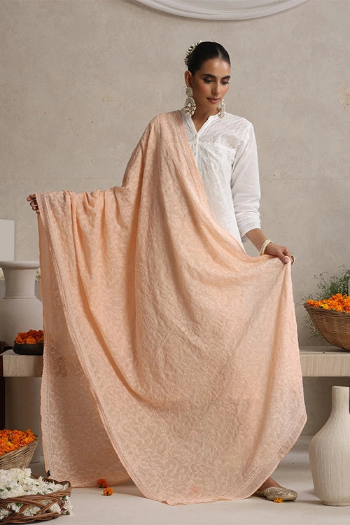 Shwet "Pastle Hues" Peach Cotton Chikankari Dupatta