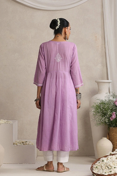 Shwet Hand Embroidered Chikankari Cotton Mauve Pintex Kali Kurta