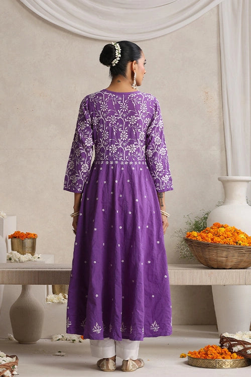 Shwet Hand Embroidered Chikankari Cotton Purple Kali Kurta