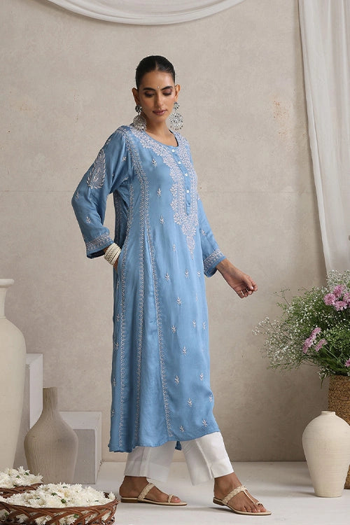 Shwet Hand Embroidered Chikankari Blue Modal Satin Kurta
