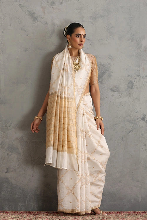 Shwet Women Hand Embroidered Chikankari Off-White Chanderi Saree