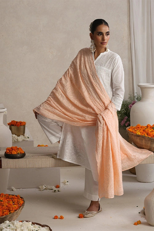Shwet "Pastle Hues" Peach Cotton Chikankari Dupatta
