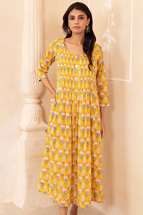 Shuddhi Yellow Pleated Dress