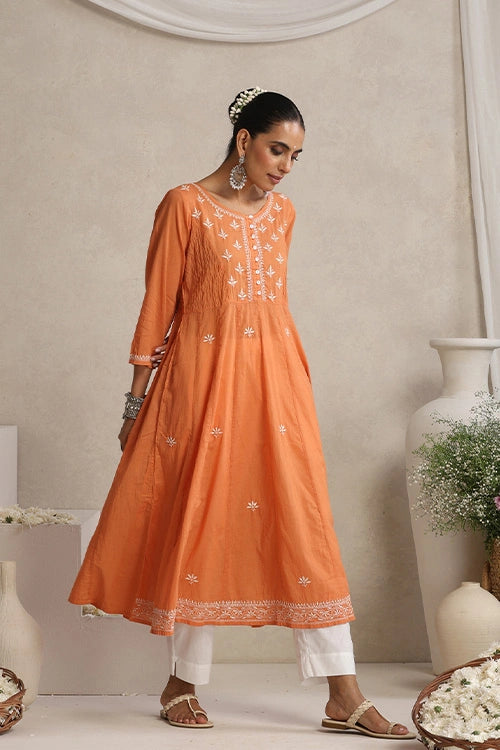 Shwet Hand Embroidered Chikankari Cotton Burnt Orange Pintex Kali Kurta