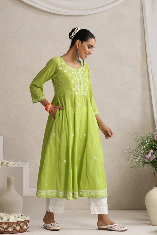 Shwet Hand Embroidered Chikankari Cotton Green Pintex Kali Kurta