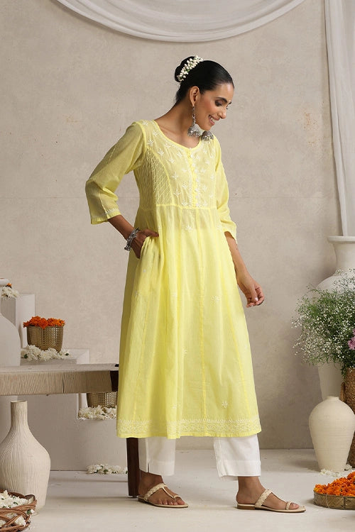 Shwet Hand Embroidered Chikankari Cotton Yellow Pintex Kali Kurta