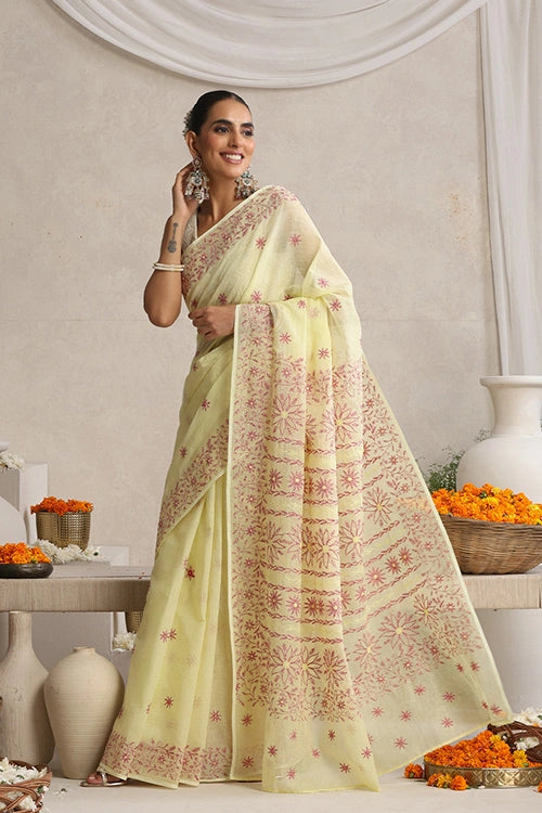 Shwet "Pastel Hues"  Yellow  Chikankari Kota Cotton Silk Saree