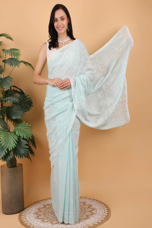 Shwet Women Hand Embroidered Sea Blue Kota Cotton Chikankari Saree