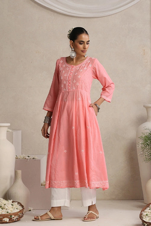 Shwet Hand Embroidered Chikankari Cotton Pink Pintex Kali Kurta