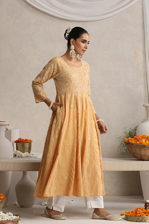 Shwet Hand Embroidered Chikankari Cotton Mukaish Embellished Beige Kali Kurta