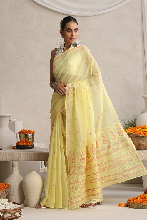 Shwet "Pastle Hues" Yellow Chikankari Kota Cotton Silk Saree 
