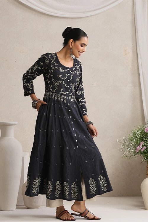 Shwet Hand Embroidered Chikankari Cotton Black Kali Kurta