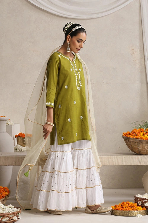 Shwet Hand Embroidered Chikankari Cotton Mukaish Embellished Green & White Kurta, Garara & Dupatta Set