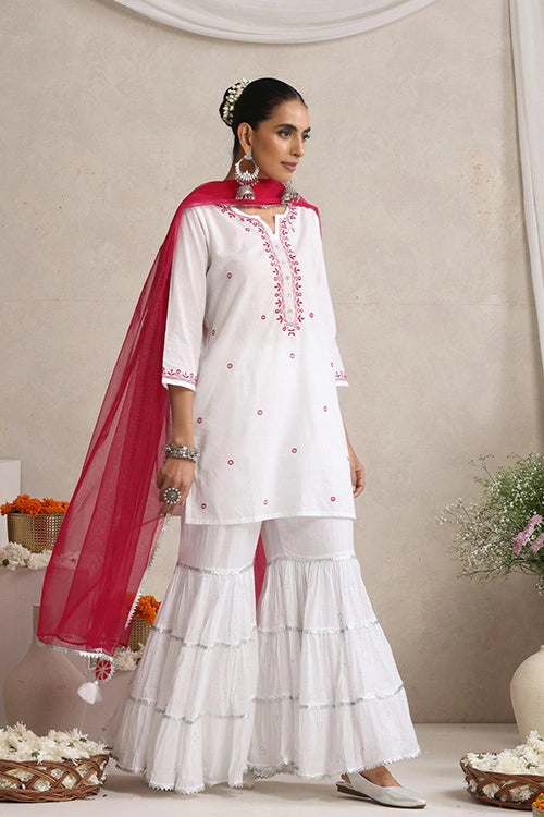 Shwet Hand Embroidered Chikankari Cotton Mukaish Embellished White & Magenta Kurta, Garara & Dupatta Set