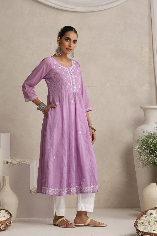 Shwet Hand Embroidered Chikankari Cotton Mauve Pintex Kali Kurta