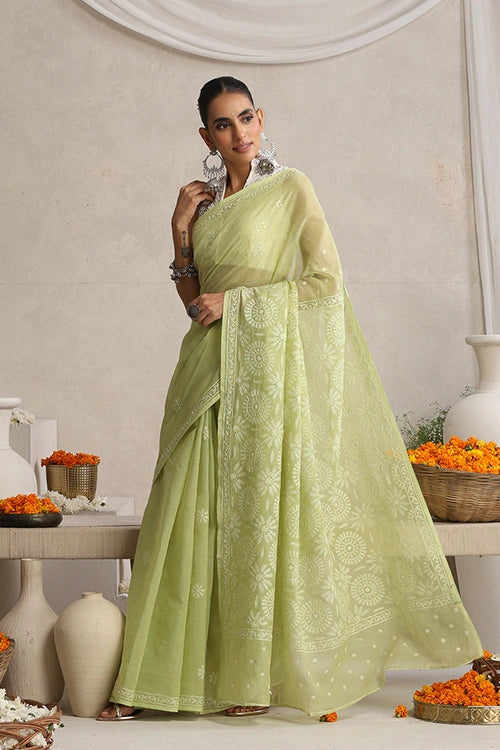 Shwet Women Hand Embroidered Light Green Kota Cotton Silk Chikankari Saree