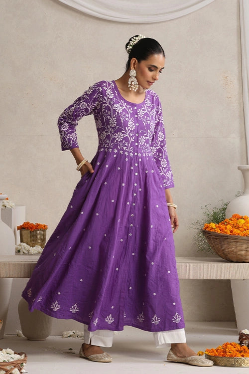 Shwet Hand Embroidered Chikankari Cotton Purple Kali Kurta