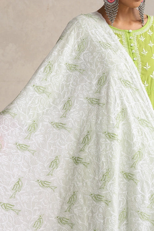 Shwet Hand Embroidered Chikankari White & Green Mulmul Dupatta