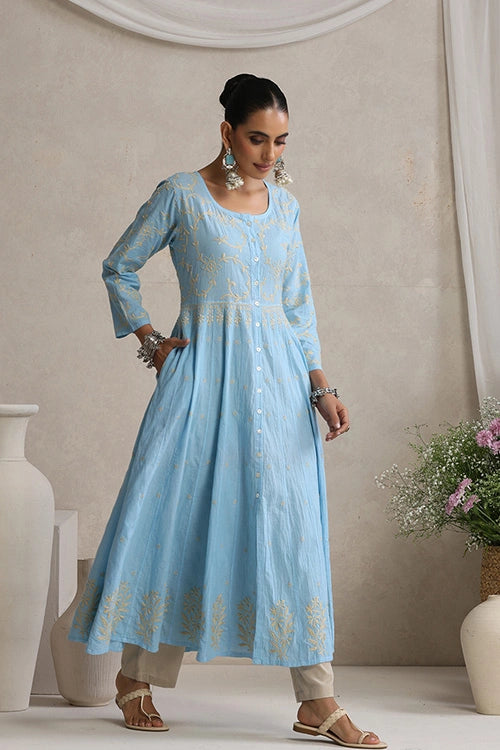 Shwet Hand Embroidered Chikankari Blue Cotton Kali Kurta