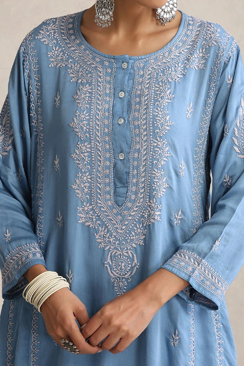 Shwet Hand Embroidered Chikankari Blue Modal Satin Kurta