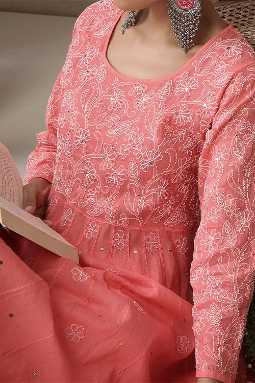 Shwet Hand Embroidered Chikankari Cotton Mukaish Embellished Salmon Pink Kali Kurta