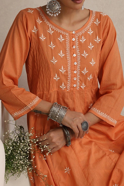 Shwet Hand Embroidered Chikankari Cotton Burnt Orange Pintex Kali Kurta
